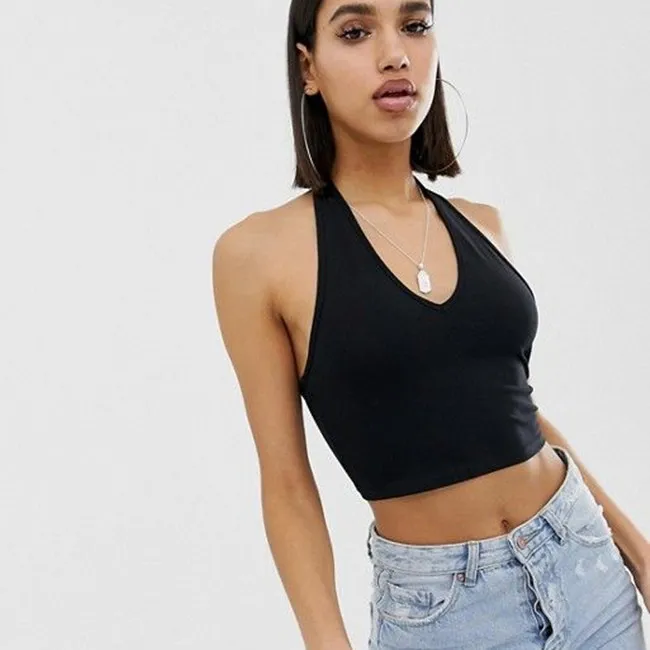 Women Solid Color Basic Sleeveless Halter Tank Top