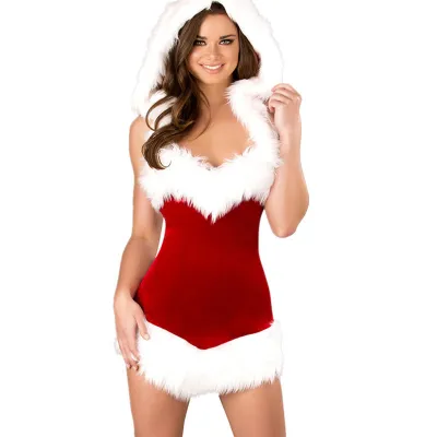 Christmas Women Velvet Color Blocking One Piece Show Uniform Dress
