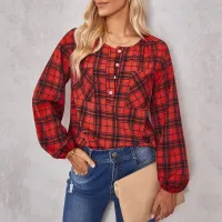 Women Casual Plaid Color Blocking Fashion Long Sleeves Round Neck Blouse