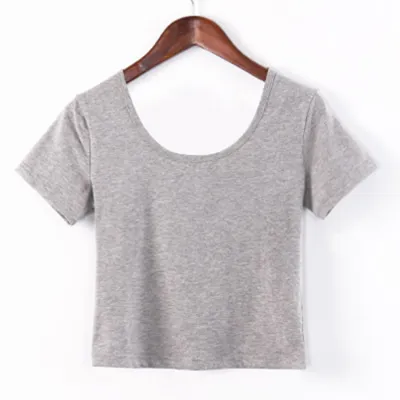 Tight Cropped Short-Sleeved T-Shirt Women U Neck Basic Cotton T-Shirt