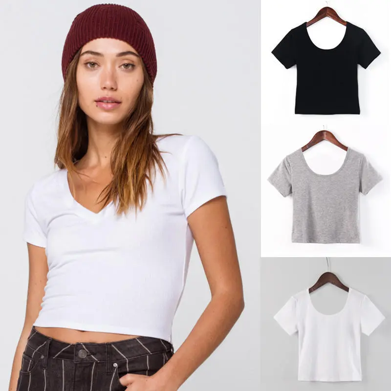 Tight Cropped Short-Sleeved T-Shirt Women U Neck Basic Cotton T-Shirt