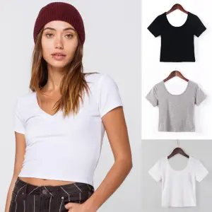 Tight Cropped Short-Sleeved T-Shirt Women U Neck Basic Cotton T-Shirt