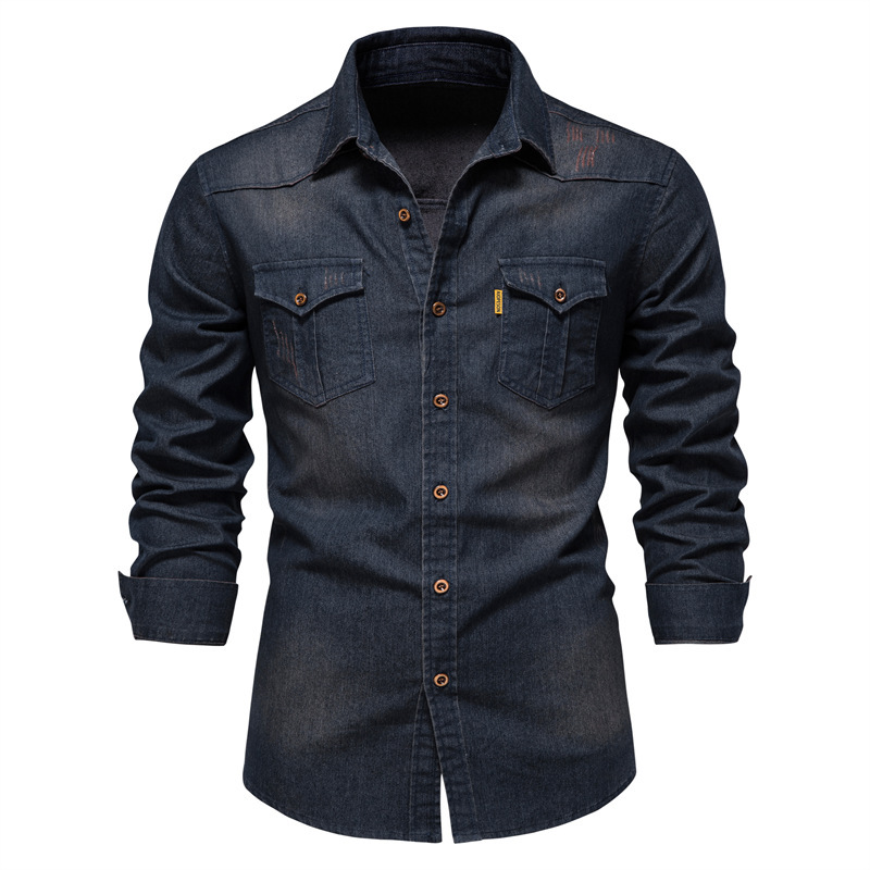 Wholesale Men Casual Solid Color Lapel Long Sleeve Slim Denim Shirt