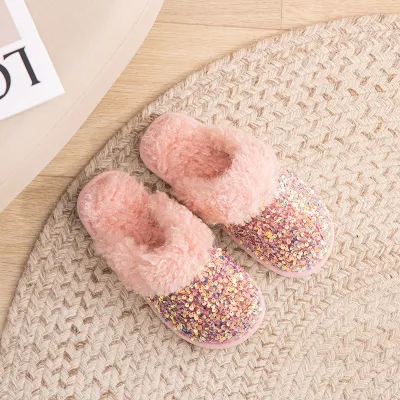 Fashion Sequin Decor Cover Toe Women Plush Slippers Indoor House Slippers