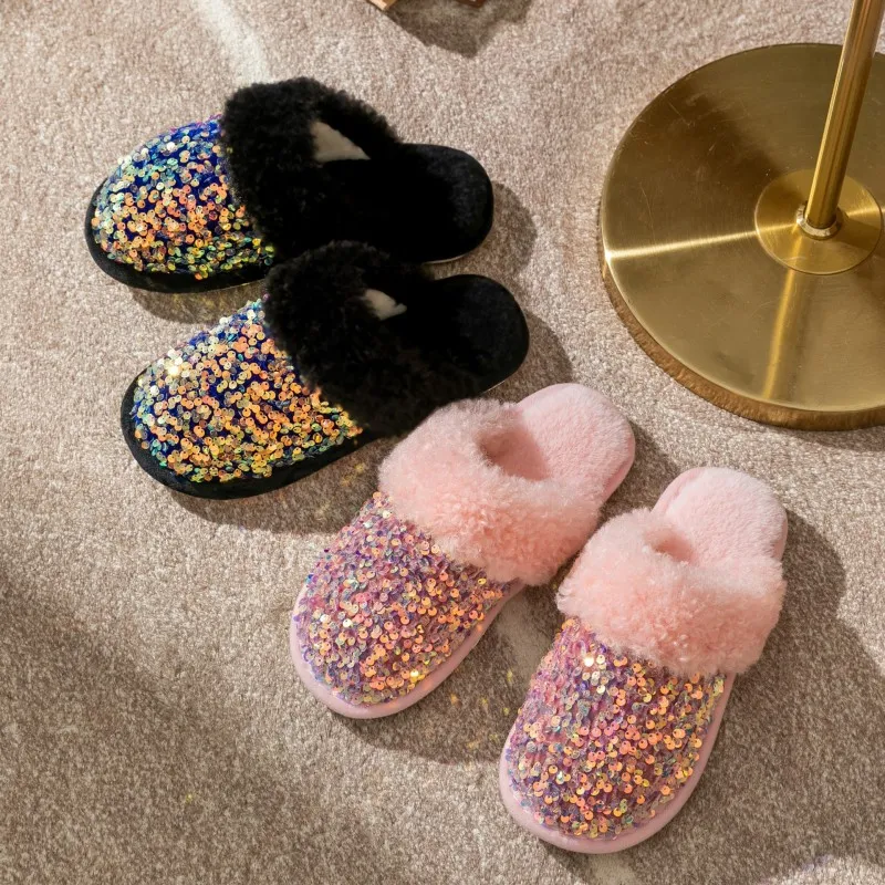 Fashion Sequin Decor Cover Toe Women Plush Slippers Indoor House Slippers