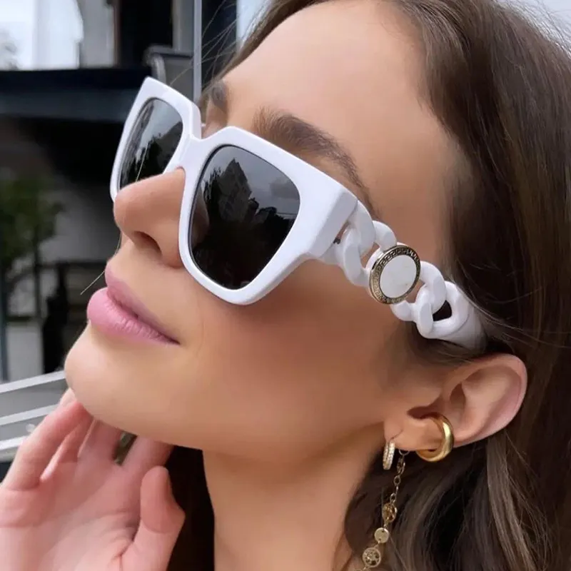 Unisex Fashion Square Frame Chain Temple Sunglasses With PC Lens