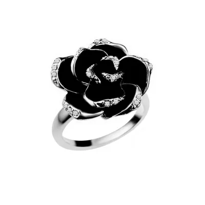 Women's Fashion Retro Diamond Black Rose Flower Open Ring