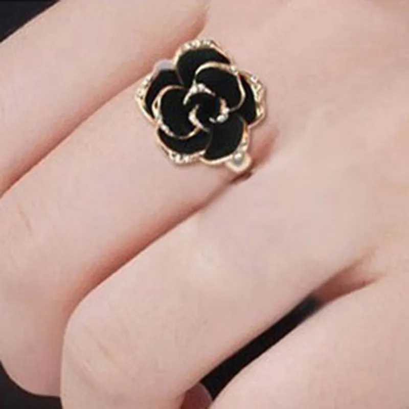 Women's Fashion Retro Diamond Black Rose Flower Open Ring
