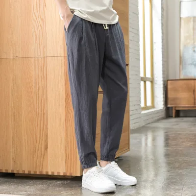 Men Casual Solid Color Mid-Waist Tethered Loose Jogger Pants
