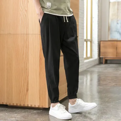 Men Casual Solid Color Mid-Waist Tethered Loose Jogger Pants