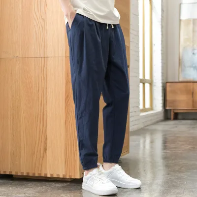 Men Casual Solid Color Mid-Waist Tethered Loose Jogger Pants