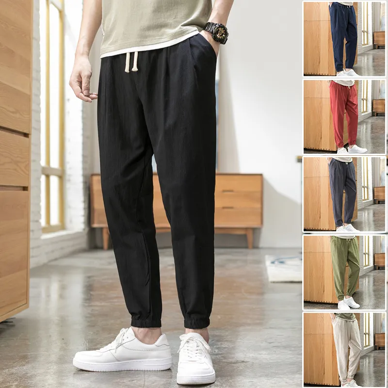 Men Casual Solid Color Mid-Waist Tethered Loose Jogger Pants