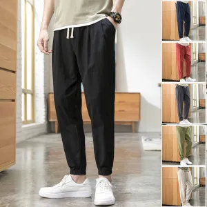 Men Casual Solid Color Mid-Waist Tethered Loose Jogger Pants