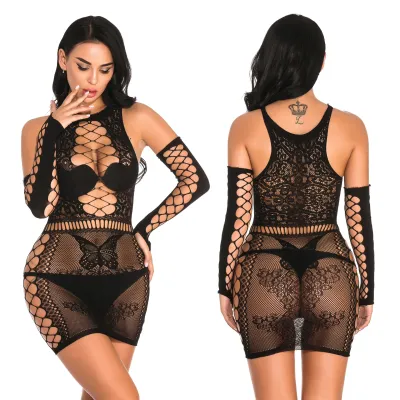 Women Sexy Hollow Butterfly Lace Sheer Bodycon Mini Dress