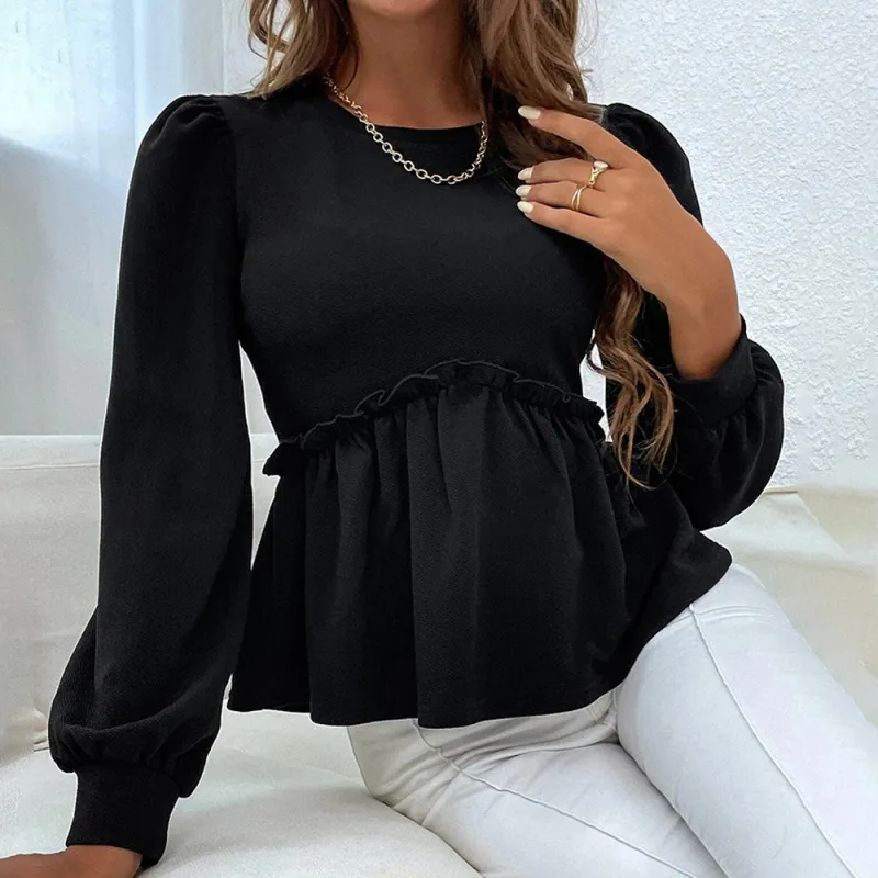 Women Sweet Edgy Loose Casual Long Puff Sleeves Ruffled Temperament Blouse