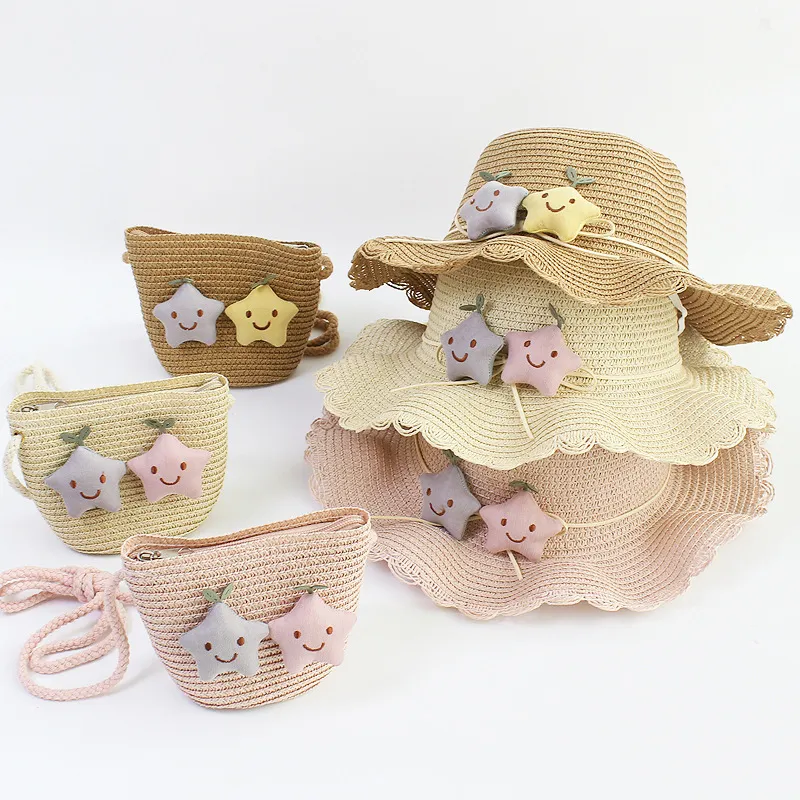 Kids Fashion Beach Straw Hat Star Straw Crossbody Bag for Girls