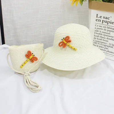 Kids Fashion Beach Shade Dome Straw Hat with Straw Bag Set
