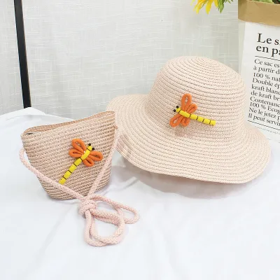 Kids Fashion Beach Shade Dome Straw Hat with Straw Bag Set