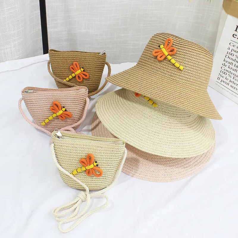 Kids Fashion Beach Shade Dome Straw Hat with Straw Bag Set