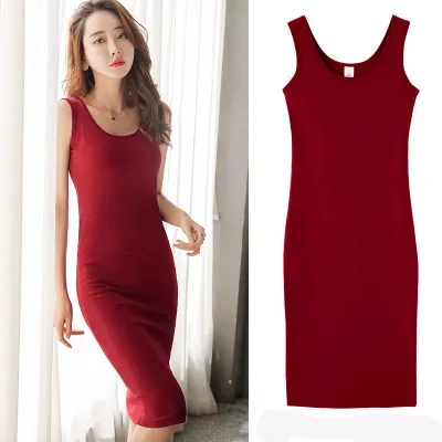Summer Women Basic Solid Color Sleeveless Bodycon Dress