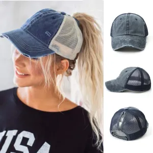 Women's Casual Ripped Mesh Ponytail Peaked Cotton Cap
