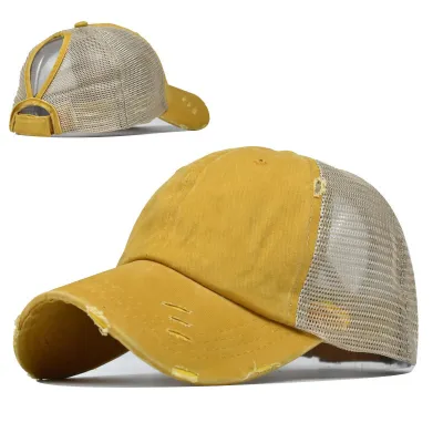 Women's Casual Ripped Mesh Ponytail Peaked Cotton Cap