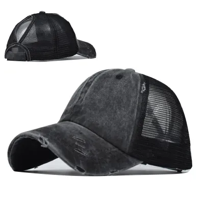 Women's Casual Ripped Mesh Ponytail Peaked Cotton Cap