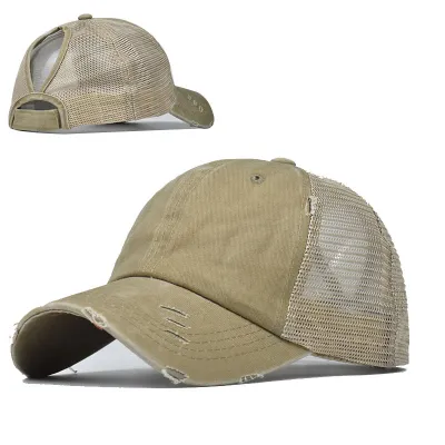 Women's Casual Ripped Mesh Ponytail Peaked Cotton Cap