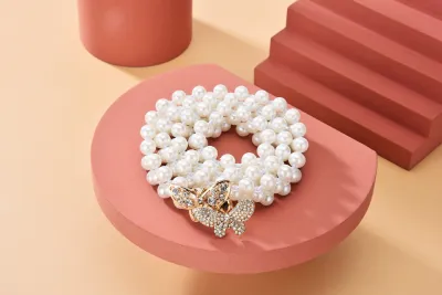Women Fashion Pearl Braided Butterfly Buckle Chain Belt