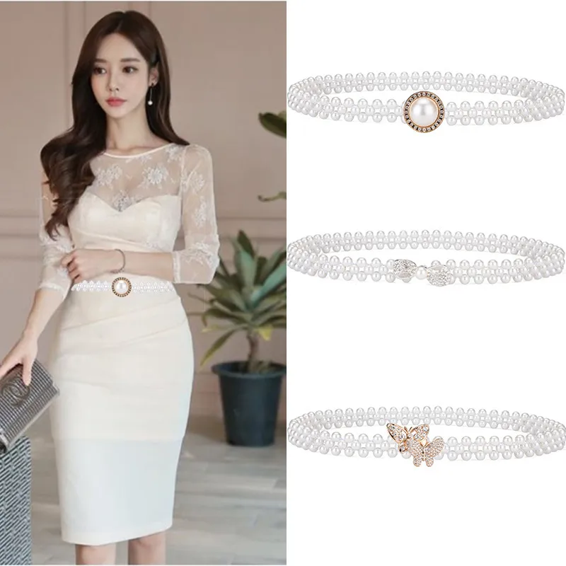 Women Fashion Pearl Braided Butterfly Buckle Chain Belt