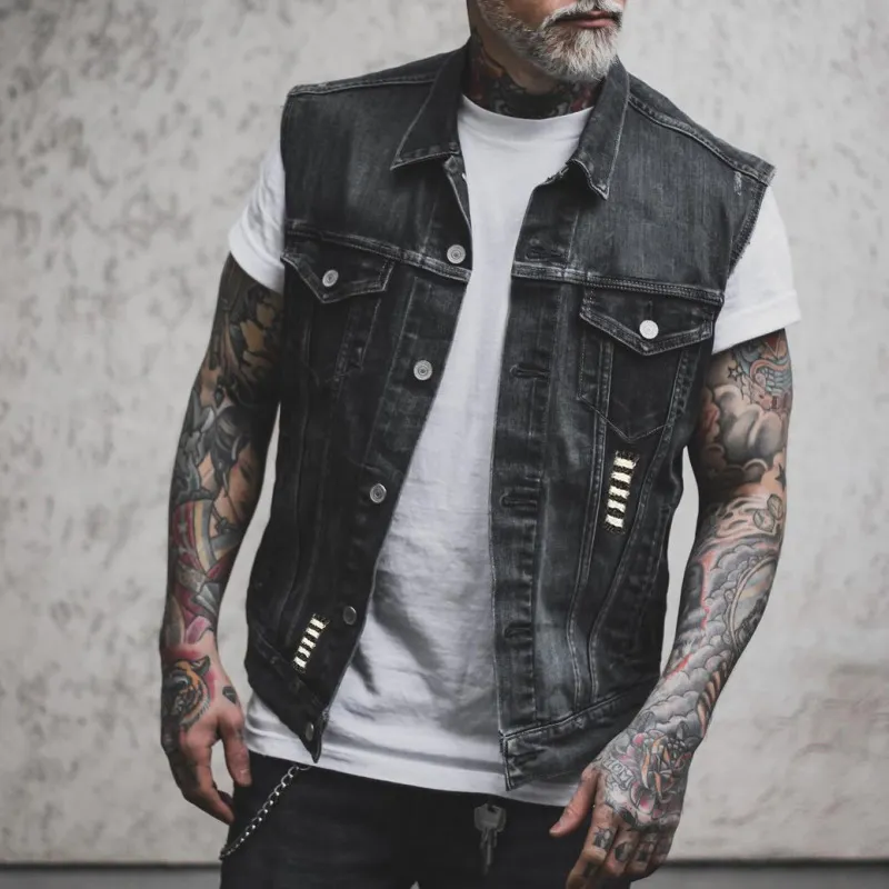 Men Punk Sleeveless Lapel Single Breasted Denim Vest