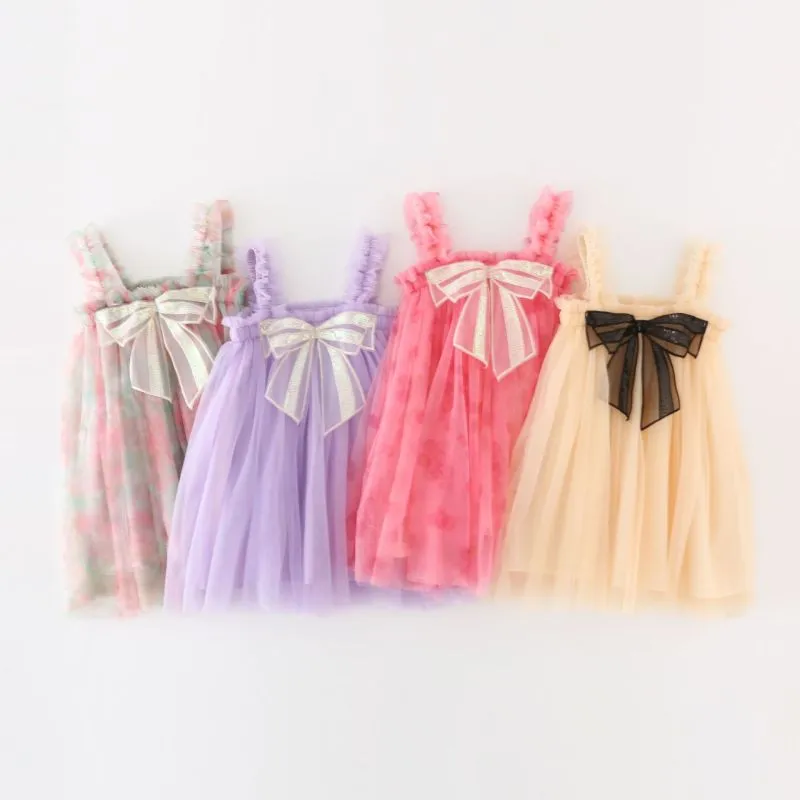 Kids Toddler Girls 3D Sequin Bow Mesh Slip Dress Princess Style Organza Sleeveless