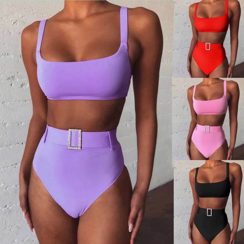 Women Solid Color High Waist Split Two Pieces Swimsuit