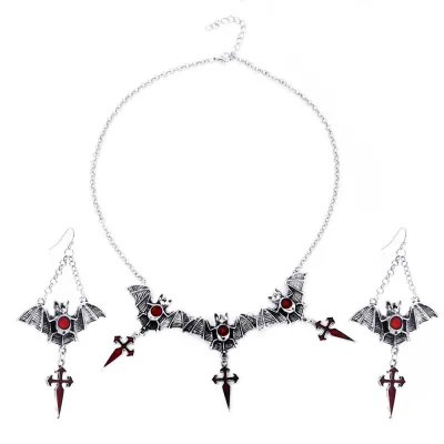 Women Fashion Gothic Exaggerated Halloween Black Bat Necklace Earrings Set