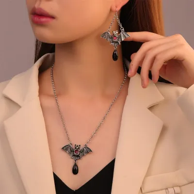 Women Fashion Gothic Exaggerated Halloween Black Bat Necklace Earrings Set