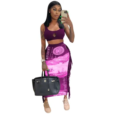 Women Printed Tassel Tank Top And Skirt Two Piece Set