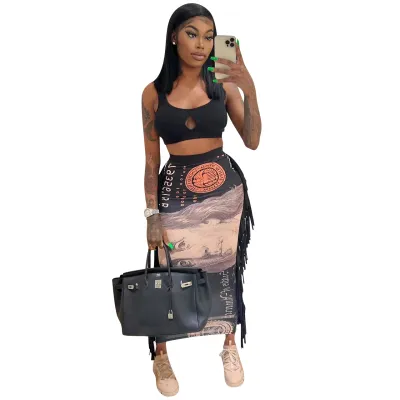 Women Printed Tassel Tank Top And Skirt Two Piece Set