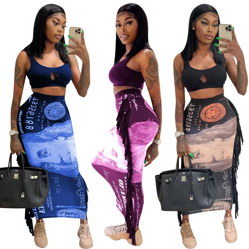 Women Printed Tassel Tank Top And Skirt Two Piece Set