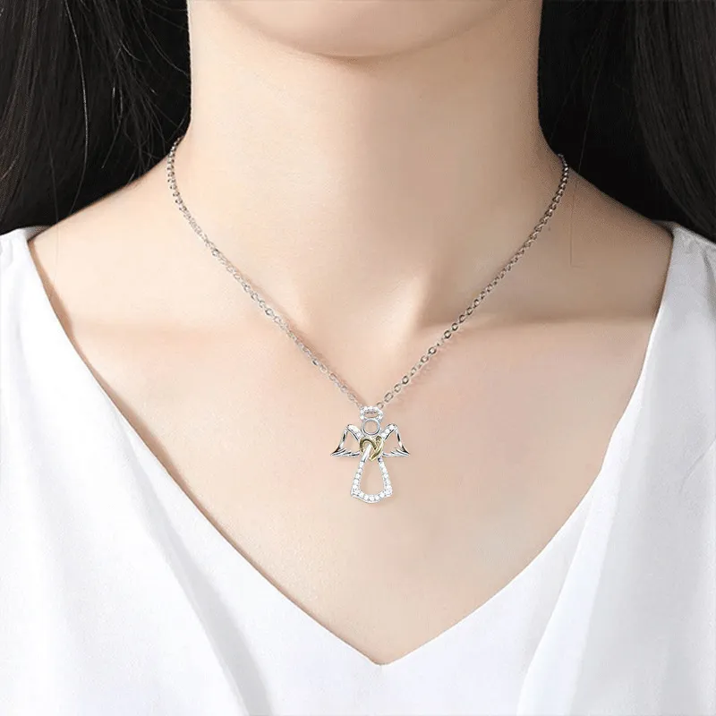 Women Fashion Heart Shaped Angel Wings Pendant Diamond Necklace with Cross Chain