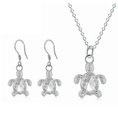 Women Fashion Exaggerated Turtle Alloy Crystal Earrings Necklace Set