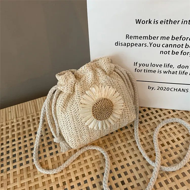 Women Fashion Casual Embroidered Flower Straw Crossbody Bucket Bag