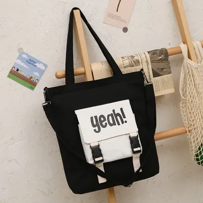 Student Campus Large-Capacity Square Canvas Shoulder Tote Bag Letter Shopping Bag
