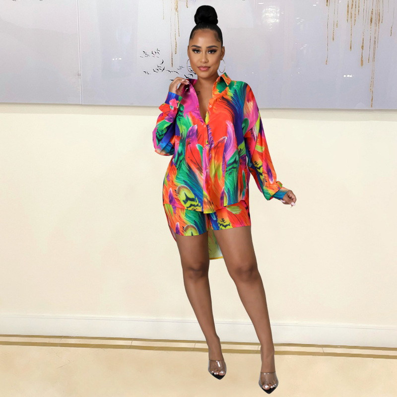 Wholesale Women Print Shirt Top And Shorts Two Piece Set