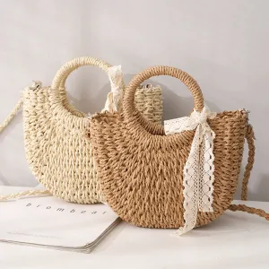 Women Fashion Simple Solid Color Polka Dot Handle Woven Bag