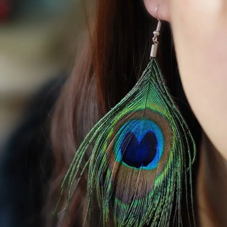 Women's Fashion Boho Retro Peacock Feather Long Tassel Earrings
