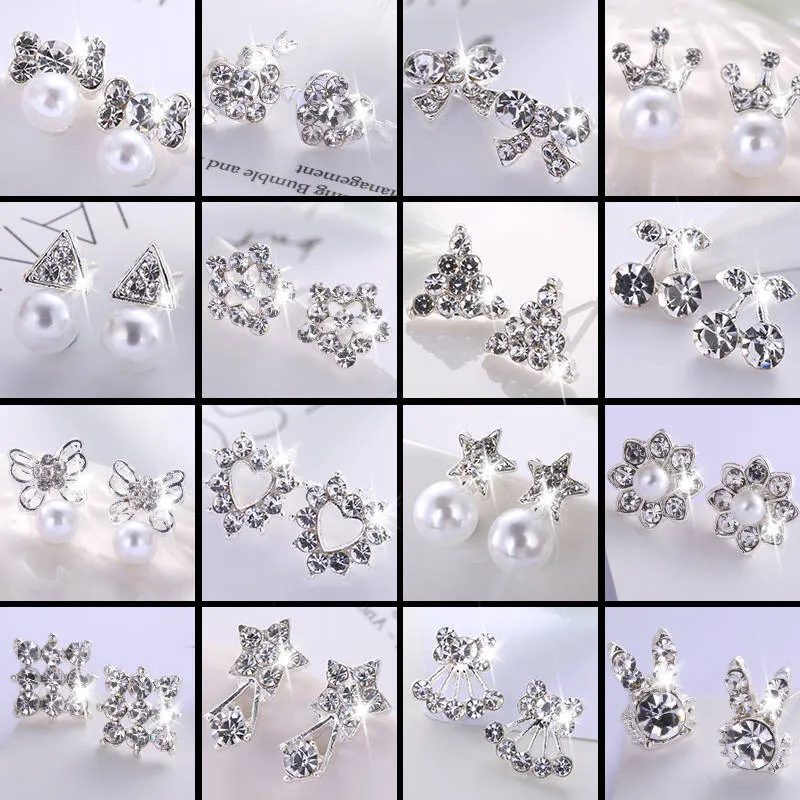 Women Fashion Alloy Diamond Pearl Heart Shaped Stud Earrings