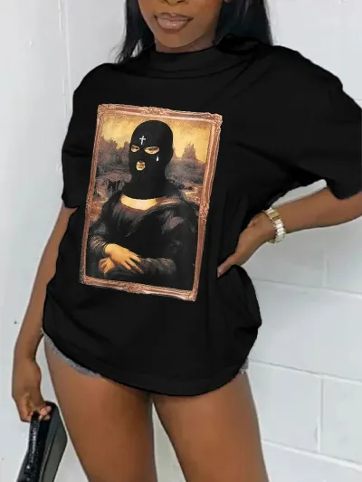 Women Casual Loose Fit Short Sleeve Round Neck Graphic Printed T-shirt