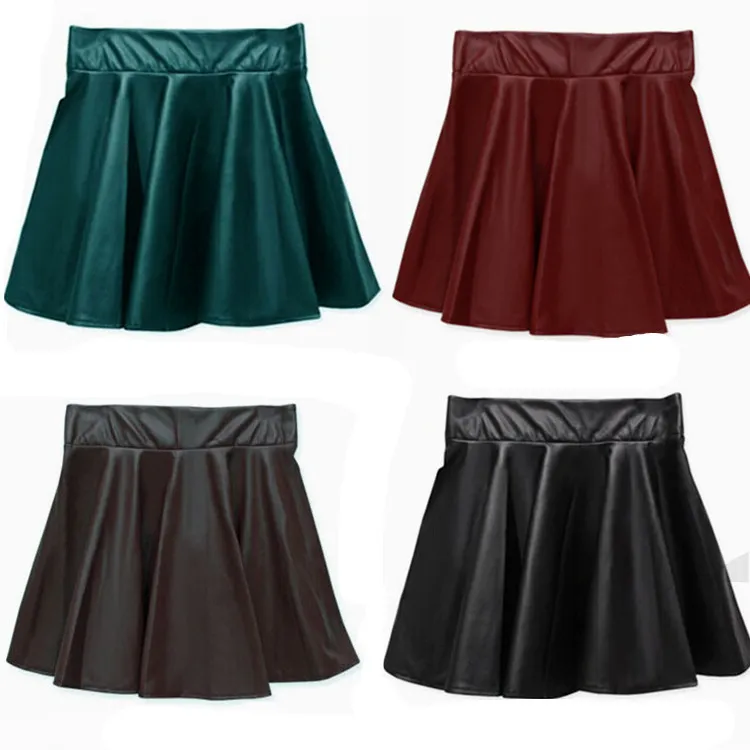 Women High Waist Faux Leather Pleated Skirt Short Skirt