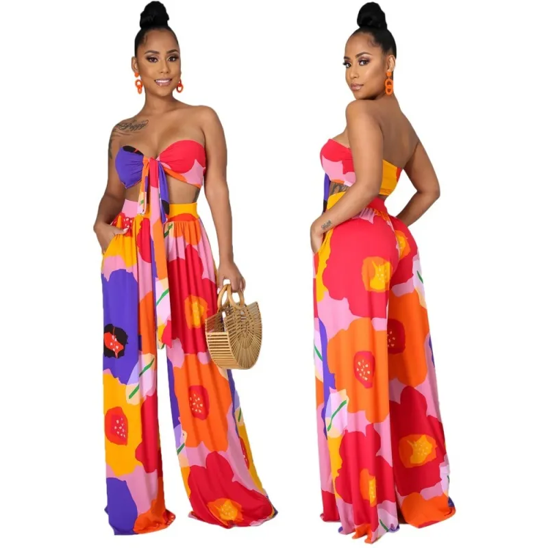 Casual Contrast Color Tube Top and Wide Leg Pants Two-Piece Set