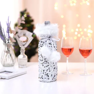 Christmas Sequined Wine Bottle Set Plush Cover Red Wine Hotel Table Decor Tableware 29*12Cm